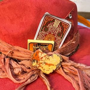 Boho rancher hat with genuine silk sari band and coral stone accent